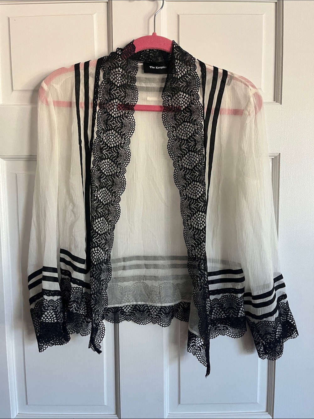 The Kooples White Sheer Blouse Jacket With Black Lace Trim